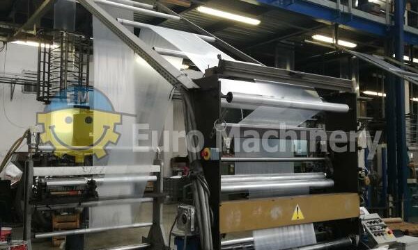 Used Blown film mono Extrusion line. For production of LDPE and HDPE. For sale by Euro Machinery. FORMAC Mono Layer. Mono flow air ring.