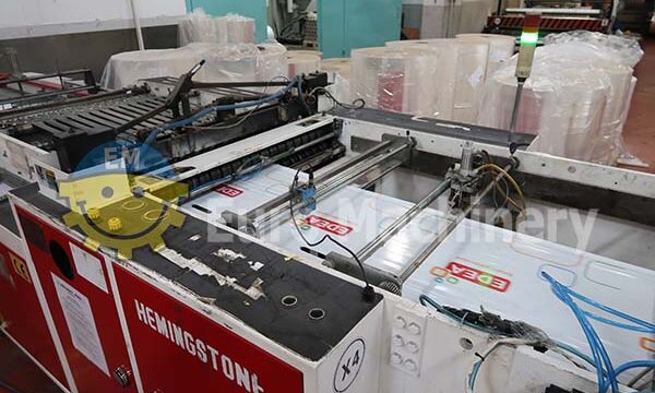 HEMINGSTONE patch Handle Bag Making Machine from LDPE and HDPE. Glue base reinforced patch handle bags. Used plastic bag making mahcines