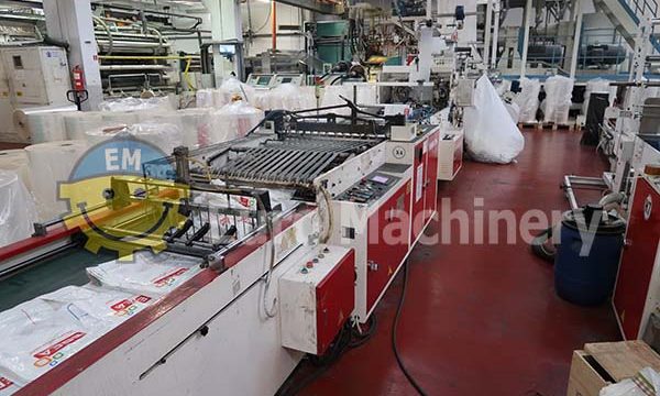 HEMINGSTONE patch Handle Bag Making Machine from LDPE and HDPE. Glue base reinforced patch handle bags. Used plastic bag making mahcines
