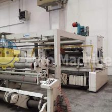 Used slitter rewinder Laem Slitter Rewinder. For cutting plastic films and paper. Can process up to 600 m/min. Can be seen in production.