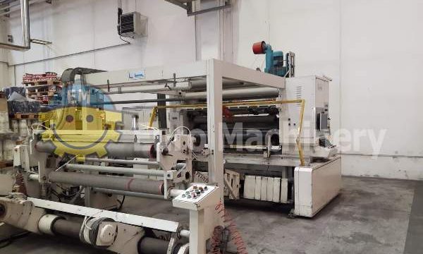 Used slitter rewinder Laem Slitter Rewinder. For cutting plastic films and paper. Can process up to 600 m/min. Can be seen in production.