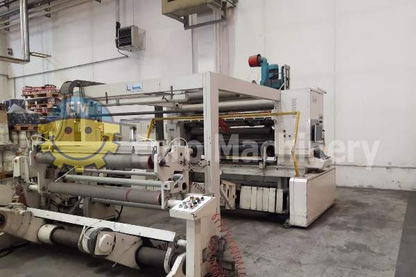 Used slitter rewinder Laem Slitter Rewinder. For cutting plastic films and paper. Can process up to 600 m/min. Can be seen in production.