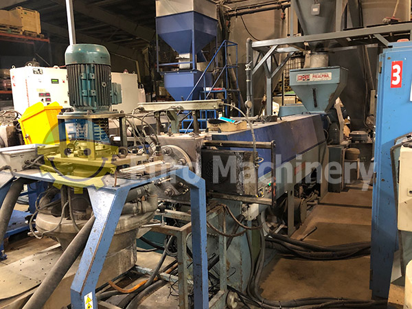 Recycling line for PE, PP, PS, and ABS. Up to 380 kg/h output. In very good working condition. Please contact us for more details.